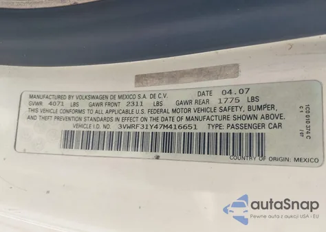 2007 Volkswagen New Beetle 2.5 from USA, damaged, VIN 3VWRF31Y47M416651